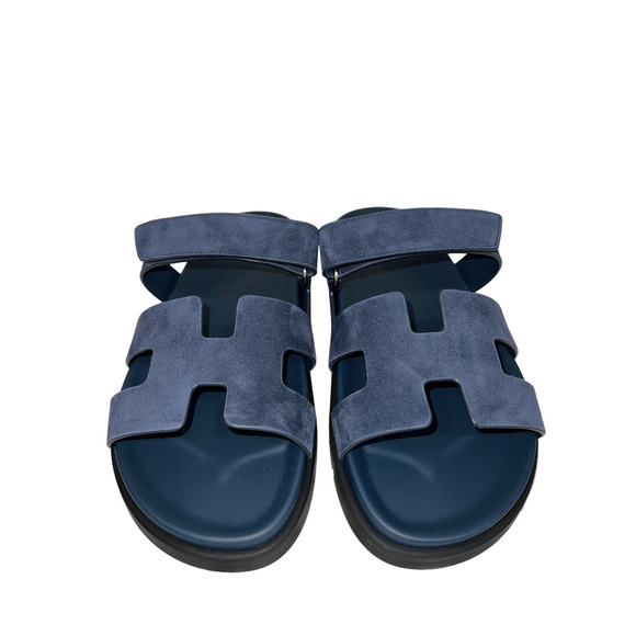 Hermes Chypre Sandal Blue Celeste Dark Suede Logo Strap Slide Slip On Flat 42 - Picture 6 of 11